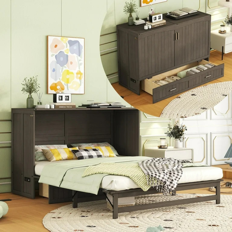 Bellemave Queen Size Murphy Bed with Charging Station, Wooden Murphy Cabinet Bed with Storage Dra... | Walmart (US)