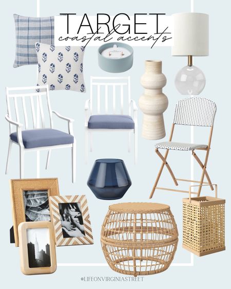 Target coastal home accents! This includes these white patio chairs, picture frames, glass table lamp, blue candle, blue and white throw pillows, blue glass vase, lantern, ceramic textured vase, patio bistro chairs, and more. 

target, target home decor, target coastal decor, coastal home decor, coastal style, coastal living, outdoor furniture, bistro chairs, picture frames, table lamps, throw pillows, outdoor decor, home decor 

#LTKhome #LTKSeasonal #LTKstyletip