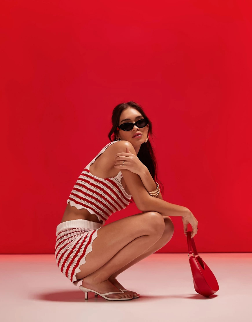 ASOS DESIGN crochet crop top with square neck in red stripe co-ord | ASOS (Global)