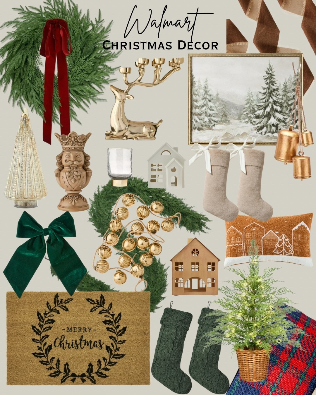 Walmart Christmas 2025 Holiday Look…..Modern Nostalgia
•Cozy Nostalgia - deep reds, forest green, cream & gold w/ touches of plaid. Cable Knot Stockings & Gingerbread Tones. 
•Winter Glow - sparkle meets soft neutrals. Faux Fur Stockings, Metallic Decor, LED Twinkle Lights
•Rustic Neutral - earthy greens, browns copper & white. Realistic Cedar Garland & Wood Ornaments
•Family Magic - red, gold, navy & tartan. Nutcrackers & Toy Soldier Figurines 

#LTKOver40 #LTKHoliday #LTKHome