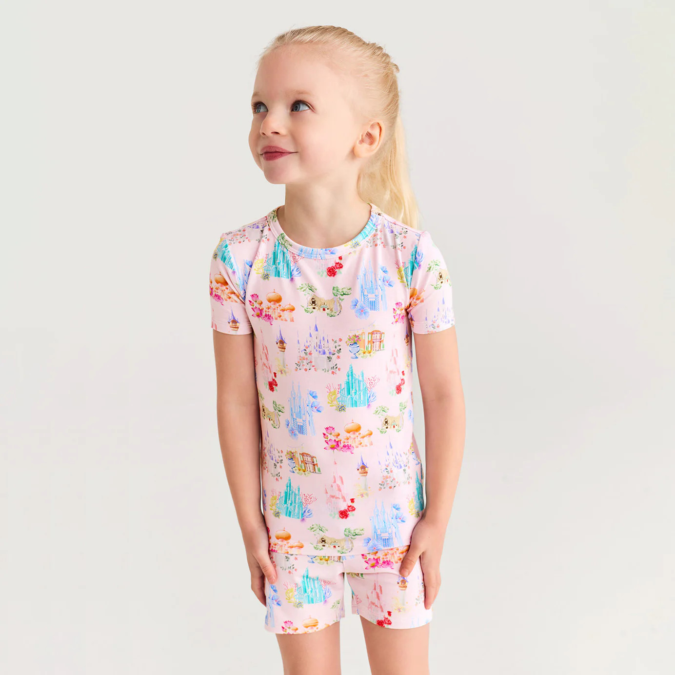 Princess Pink Short Sleeve Disney Castles Classic Pajama Short Set | Posh Peanut® | Posh Peanut