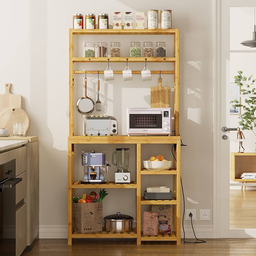 Bakers Rack with Power Outlets, 8-Tier Microwave Stand, Kitchen Utility Storage Shelf 10 S-Shaped... | Amazon (US)