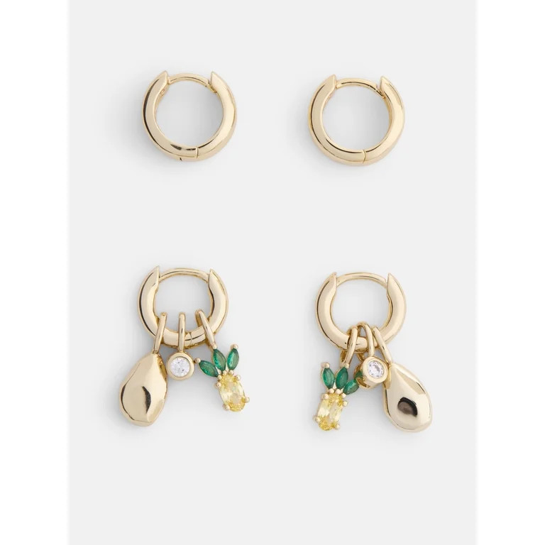 Free Assembly Women's 14K Gold Plated Duo Hoop and Cubic Zirconia Pineapple Earring Set, 2-Pairs | Walmart (US)