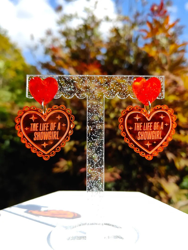 The Life of a Showgirl earrings | Taylor Merch  | laser cut heart acrylic earrings | Etsy (US)