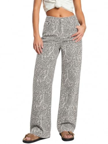 Grey Leopard Print Baggy Jeans Womens High Waisted Wide Leg Denim Pants | Amazon (US)