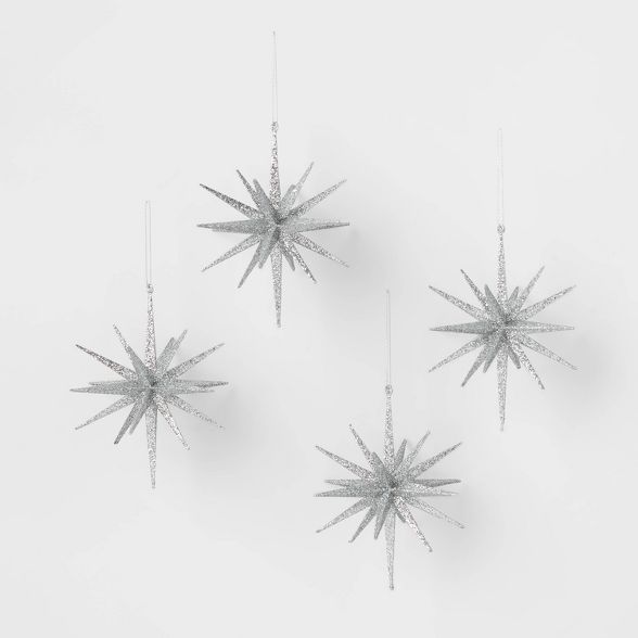4pk Glitter Starburst Christmas Tree Ornament Silver - Wondershop&#8482; | Target