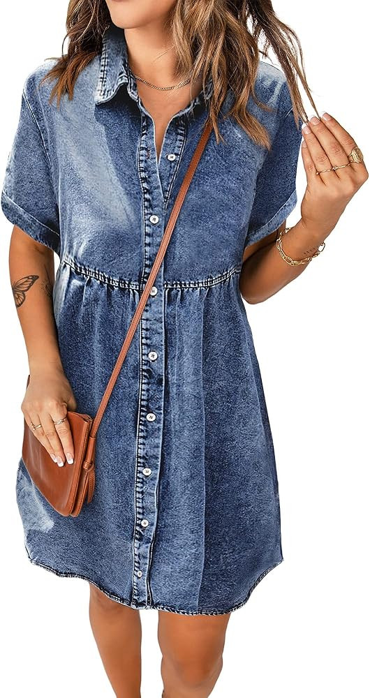 Women's Denim Dress for Women Blue Jean Dress Casual Summer Short Sleeve Denim Dresses with Pocke... | Amazon (US)