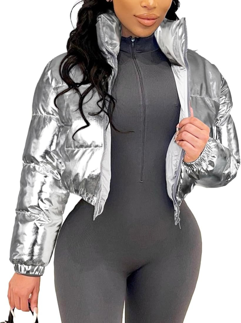 COZYPOIN Women's Metallic Shiny Cropped Puffer Jacket Long Sleeve y2k Zip Up Padded Down Short Co... | Amazon (US)