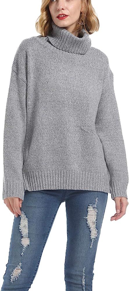 Dawwoti Women's Knit Tunic Tops Turtleneck Sweater Solid Color Long Sleeve Slouchy Knit Pullover | Amazon (US)