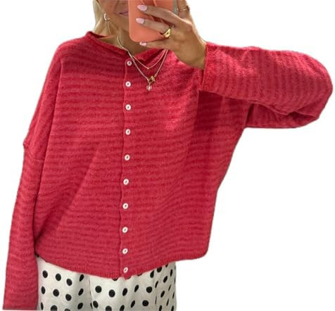 Women Knitted Cardigan Sweaters Long Sleeve Button Down Loose Knitwear Tops Y2k Vintage Jumper Kn... | Amazon (US)