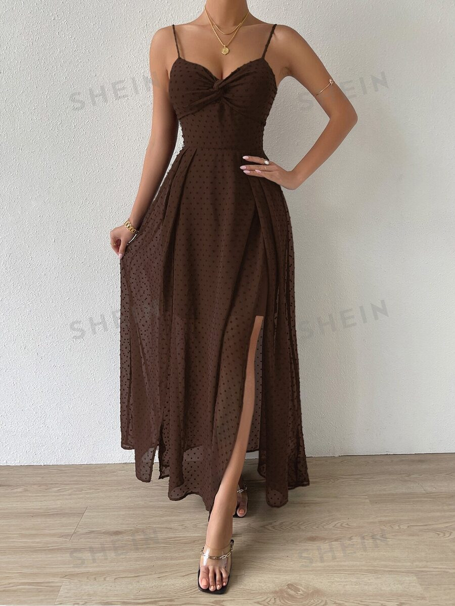 SHEIN Belle Swiss Dot Twist Front Tie Backless Wrap Cami Dress | SHEIN