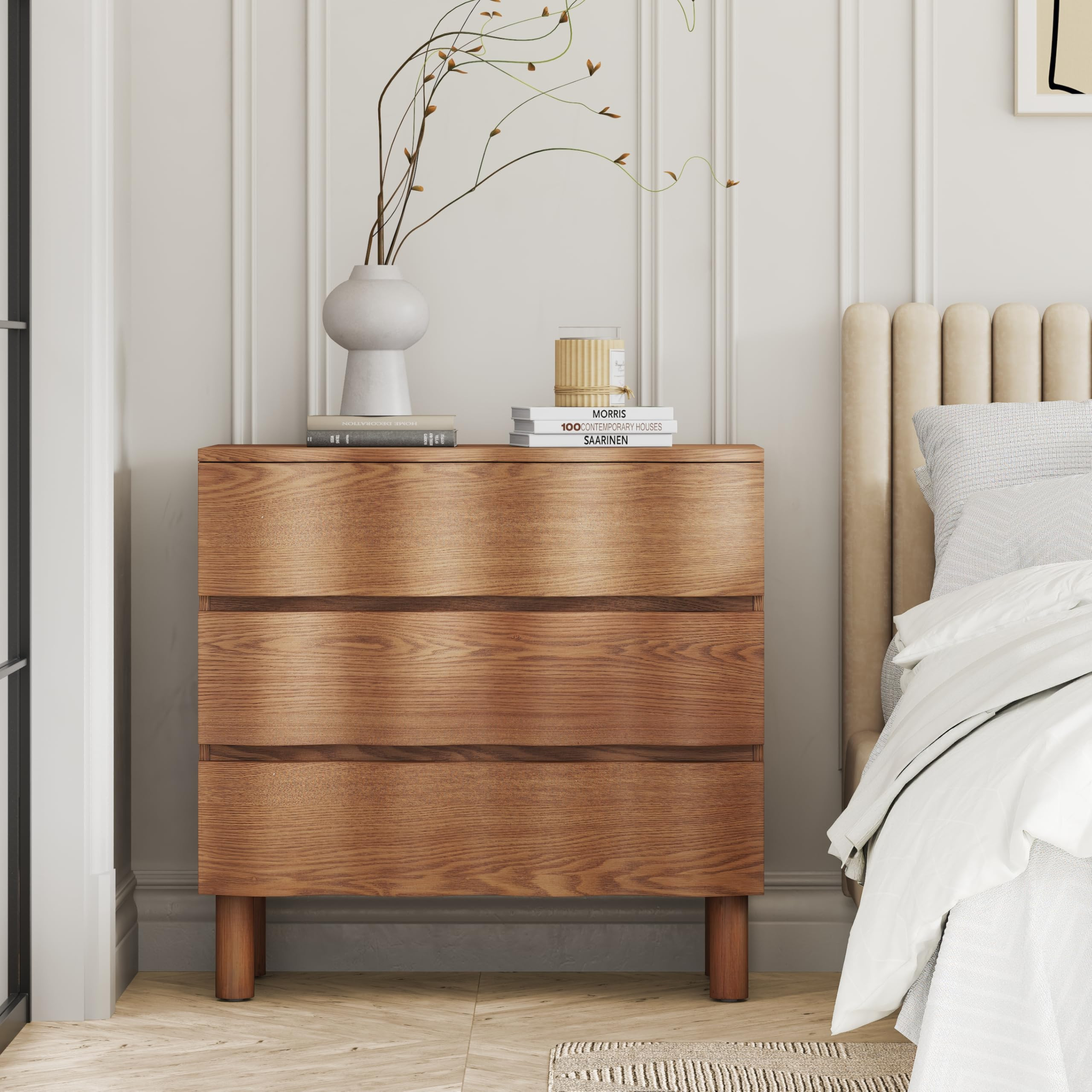 COZAYH Modern Farmhouse 3 Drawer Dresser with Wave Design Front, Rustic Nightstand Chest of Drawe... | Amazon (US)