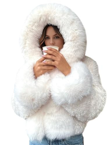 Wyeysyt Women's Faux Fur Coats with Hood Winter Warm Cropped Hoodie Jacket Long Sleeve Thick Short Outerwear with Pockets(Beige-XL) | Amazon (US)