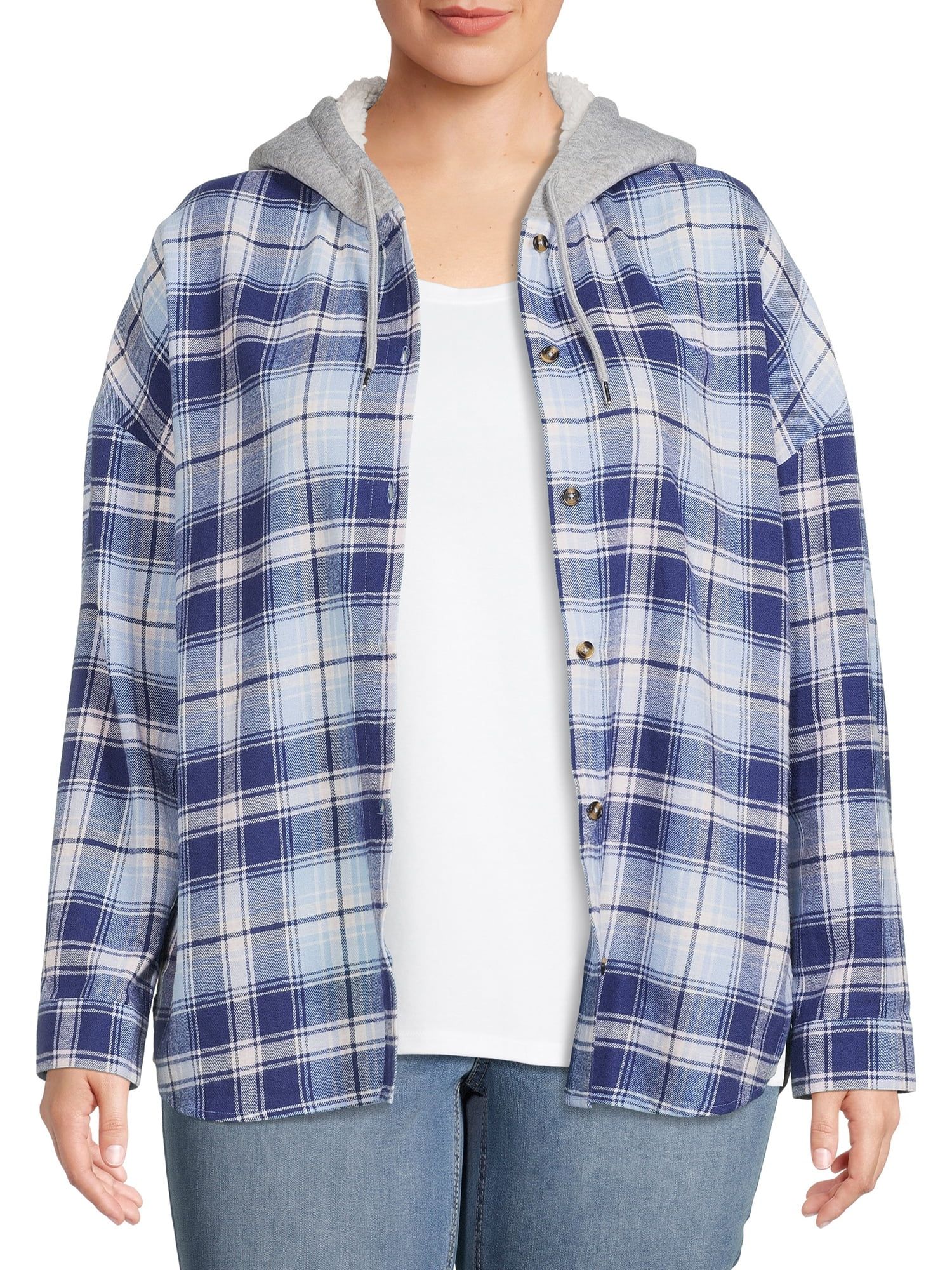 No Boundaries Juniors' Plus Size Flannel Shacket with Faux Sherpa Lined Hood - Walmart.com | Walmart (US)