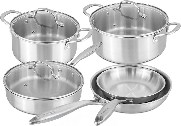 Stainless Steel Pots and Pans Set \u2013 8pcs Cookware with Glass Lids \u2013 Induction Hob Pot S... | Amazon (UK)
