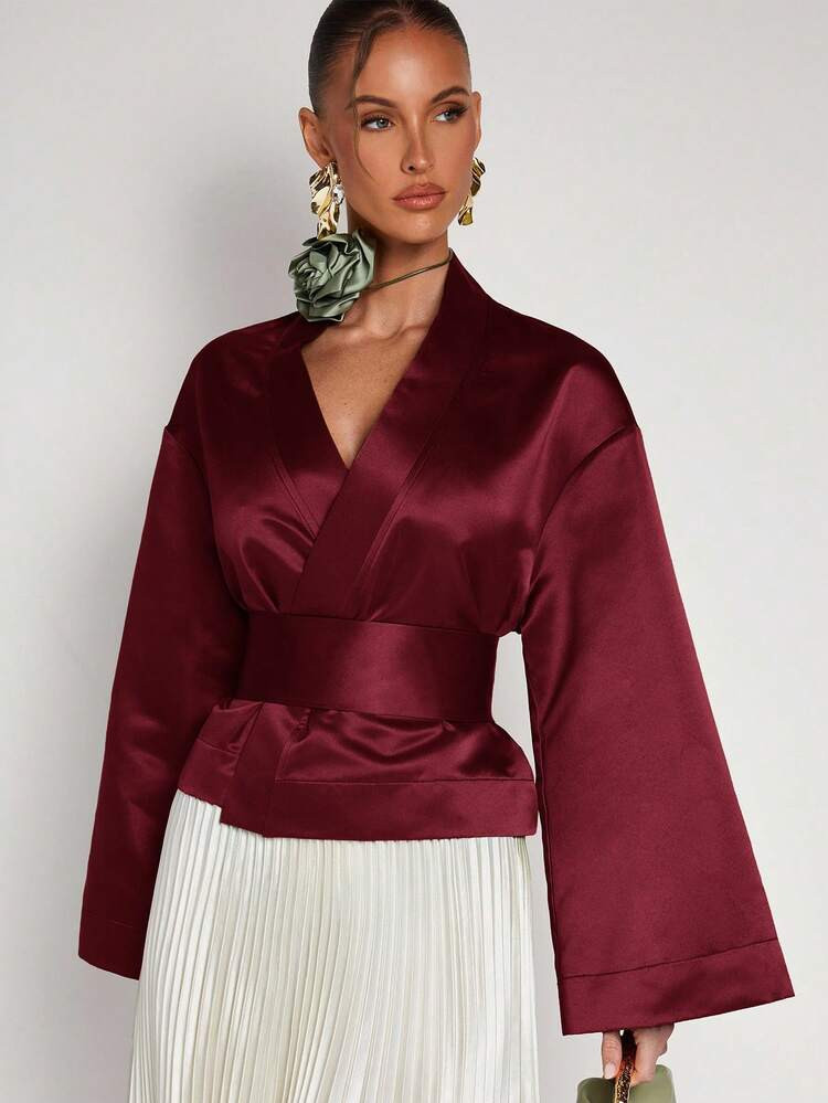 COSMINA Women's Solid Color Minimalist V-Neck Long Sleeve Blouse, Casual Everyday Wear,Red Top | SHEIN