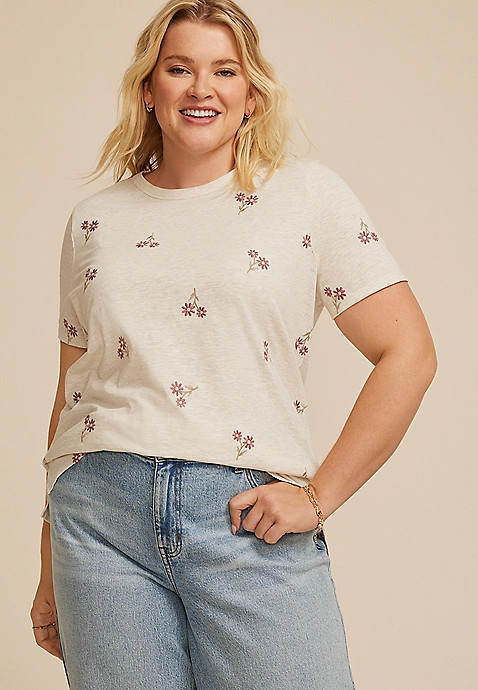 Plus Size 24/7 Dawson Floral Embroidered Crew Neck Tee | Maurices