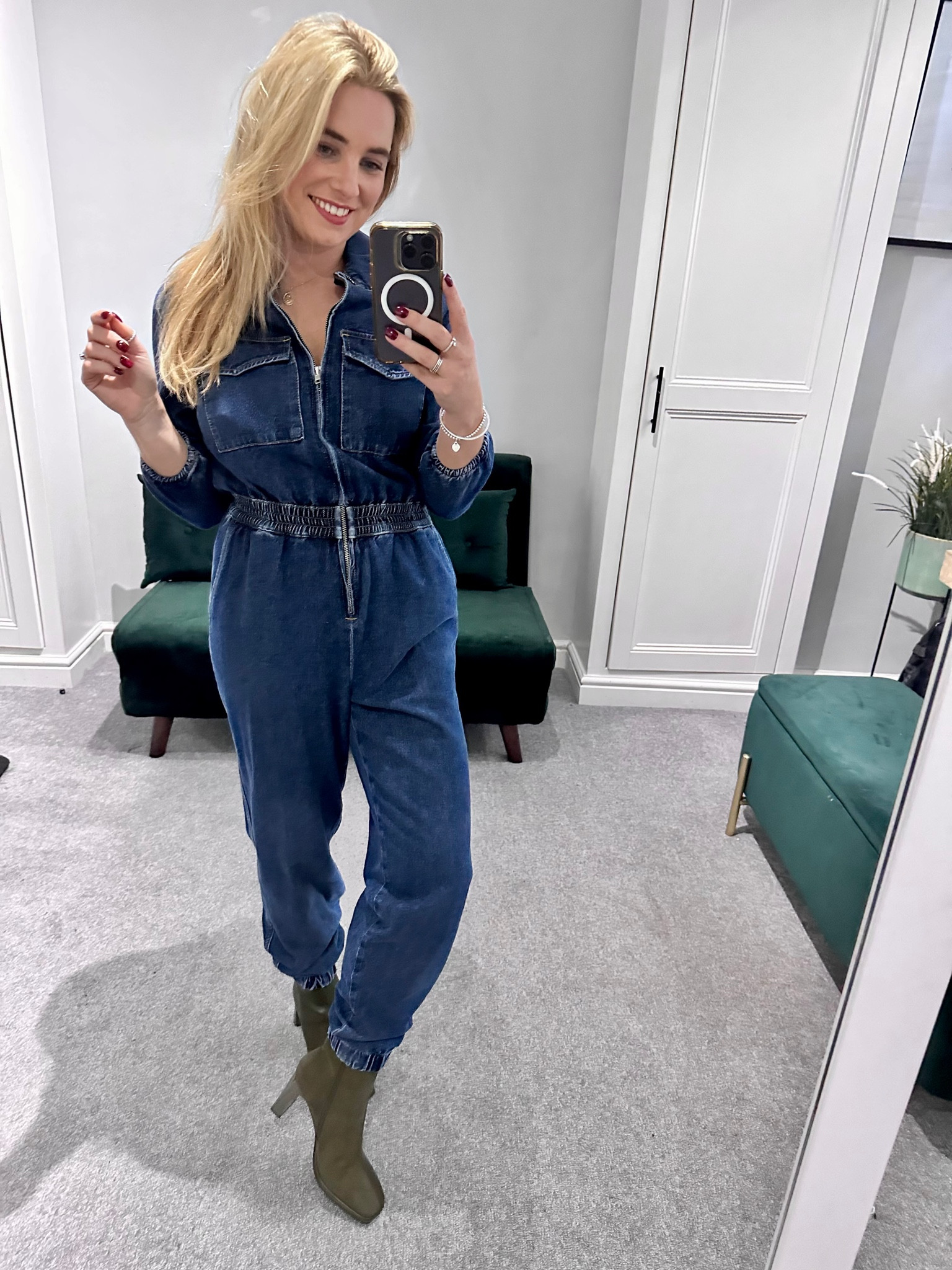 Very denim jumpsuit, denim look, green boots, two tone boots, River Island, smart casual outfit, jumpsuit, comfy outfit, transitional style, autumn outfit 

#LTKSeasonal #LTKeurope #LTKstyletip