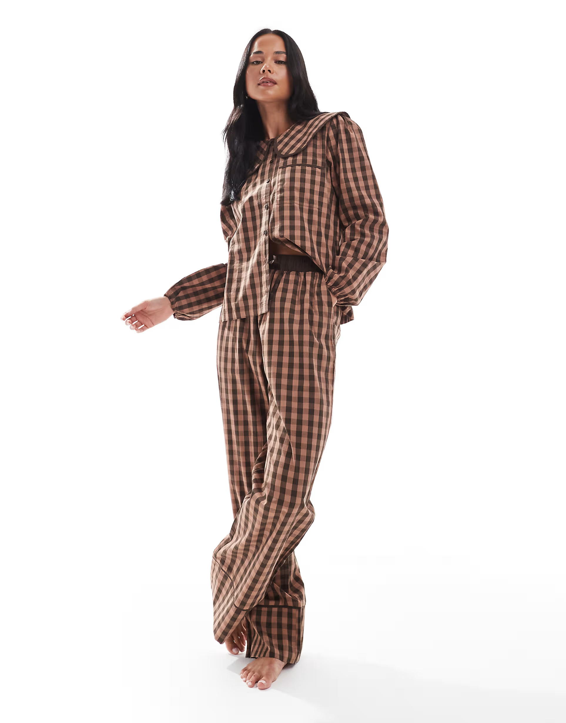 Threadbare button down pyjamas with collar in brown check | ASOS (Global)