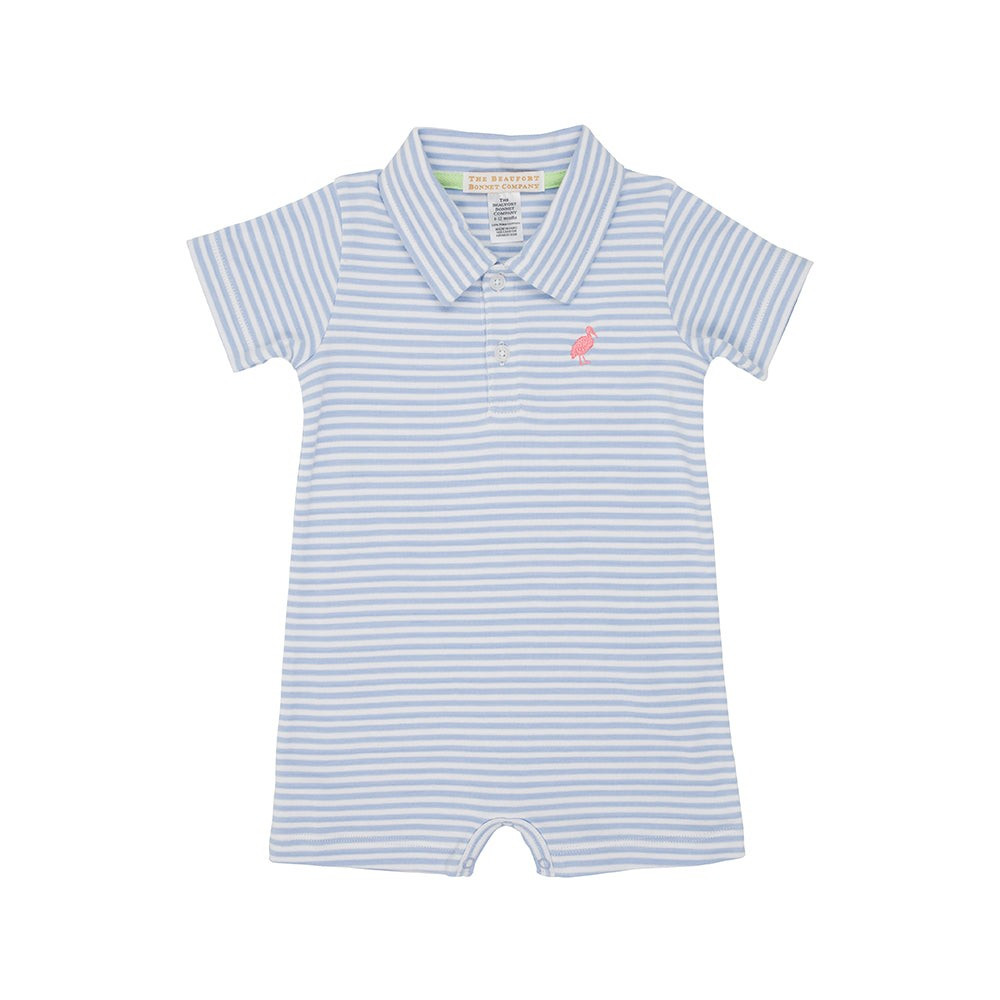 Sir Proper's Romper - Beale Street Blue Stripe with Parrot Cay Coral Stork | The Beaufort Bonnet Company