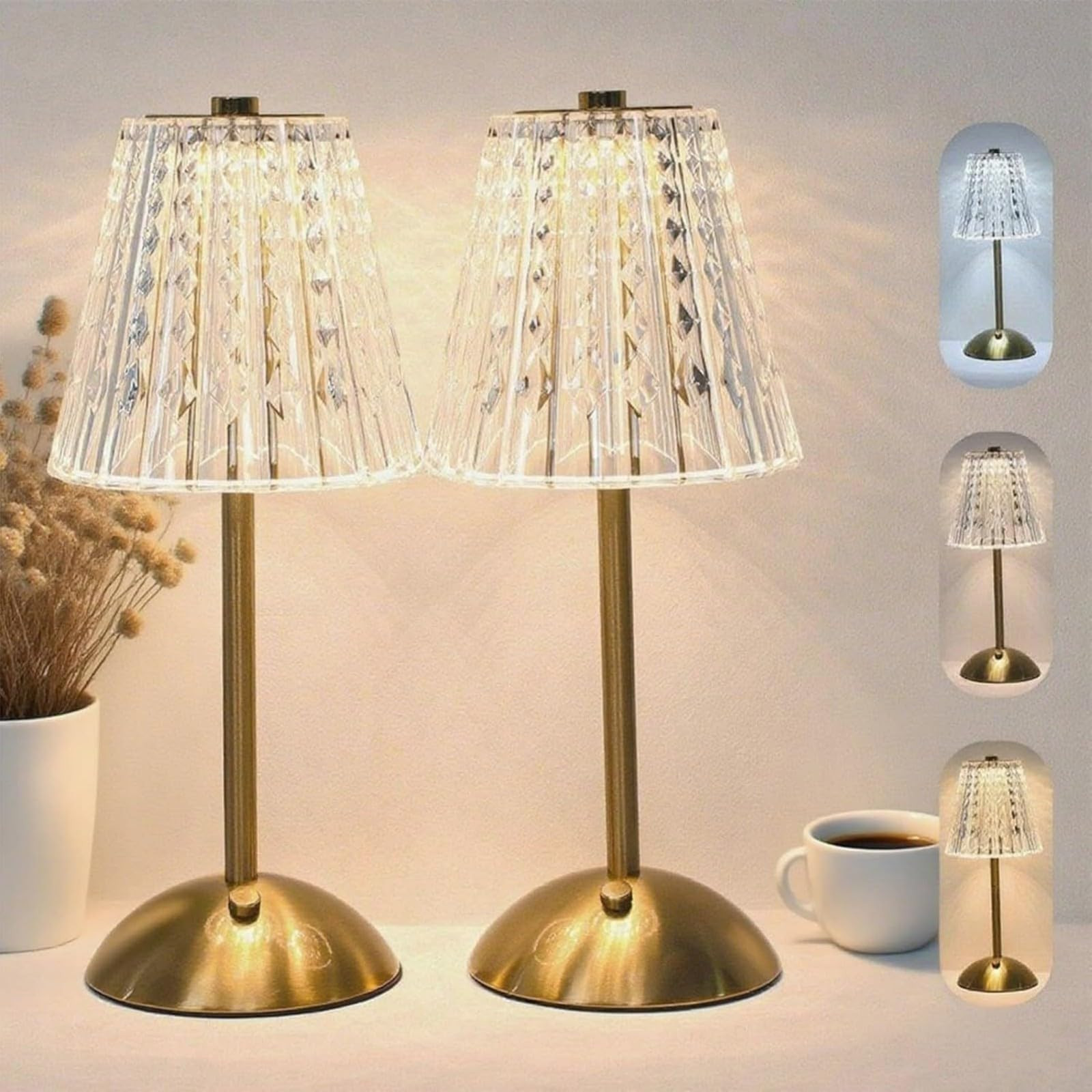 2 Pack Crystal Table Lamp, 5000mAh Rechargeable Battery Lamp with Touch Control, 3 Color Temperat... | Amazon (US)