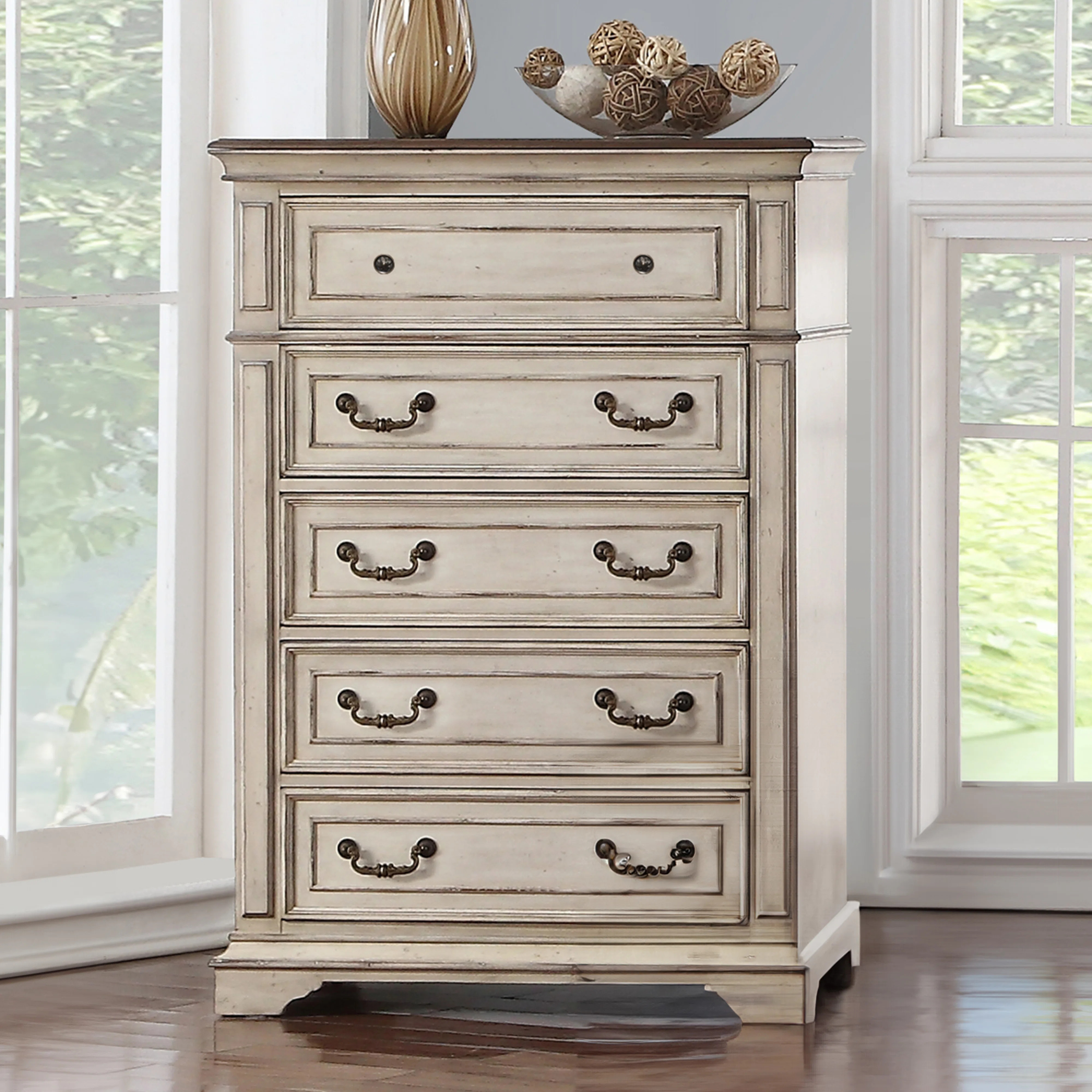 Adria 5-drawer Wood Chest, Antique White | Wayfair North America