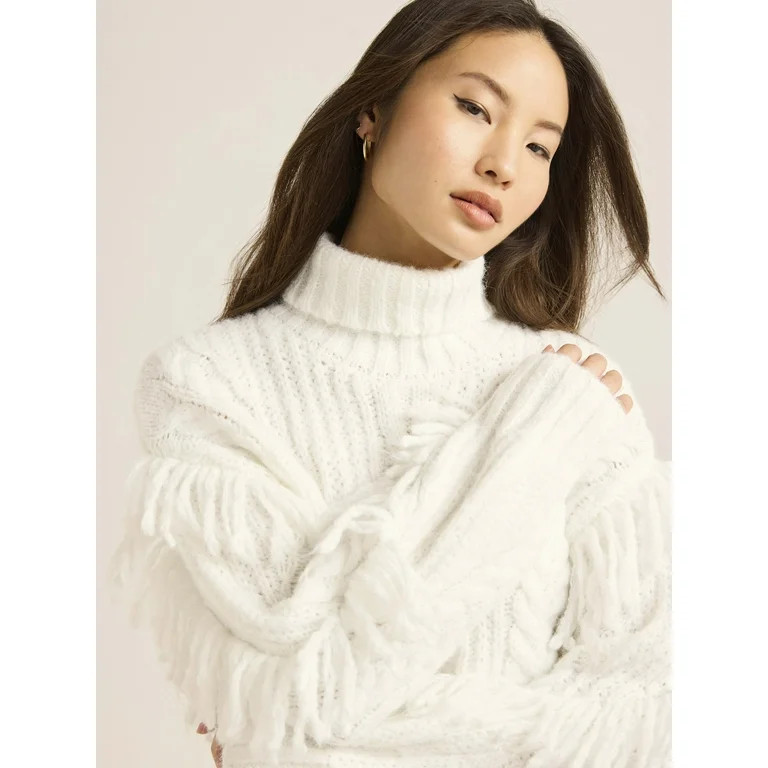 Scoop Women’s and Women's Plus Cable Knit Turtleneck Sweater with Fringe, Midweight, Sizes XS-4... | Walmart (US)