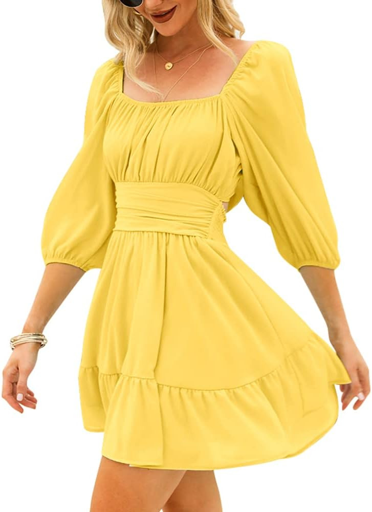 EXLURA Women's Lantern Sleeve Tie Back Summer Dress Ruffled Off Shoulder A-Line Vintage Mini Dres... | Amazon (US)