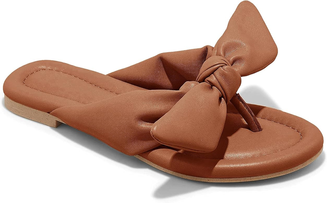 Flat Sandals For Women Dressy Summer Flip Flops Comfortable Buckle Bow knots Slip On Flats | Amazon (US)
