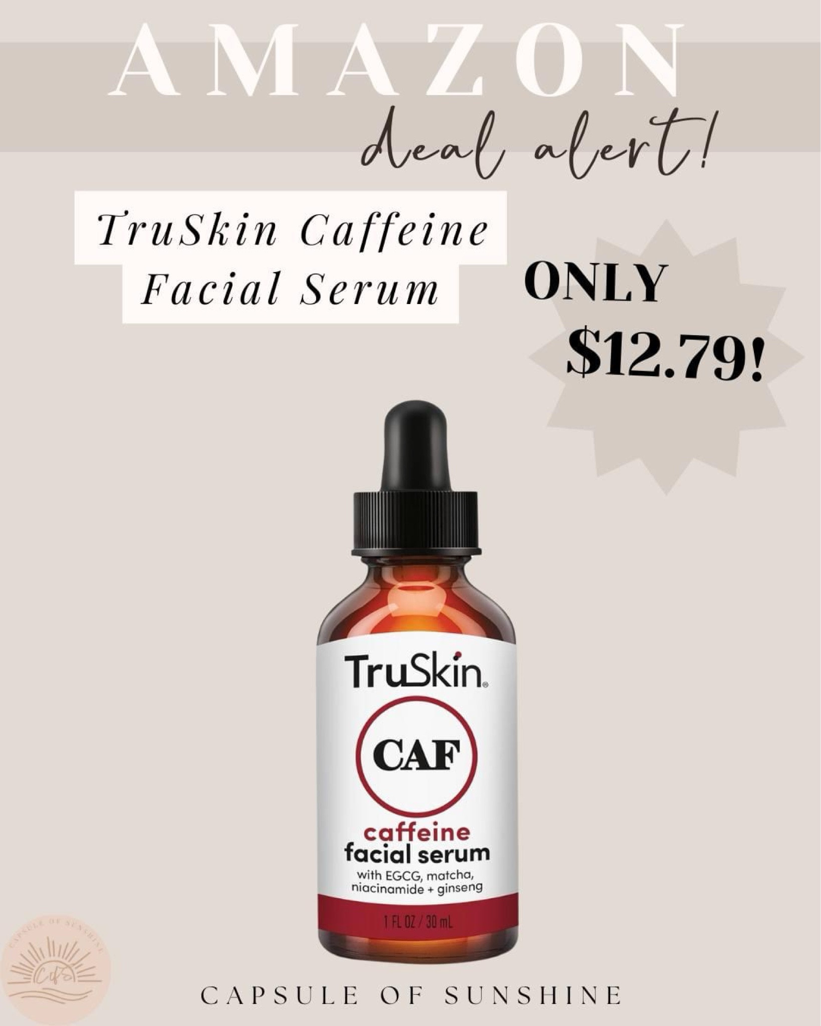 ✨TruSkin Caffeine Facial Serum is JUST $12.79 with the product page Qpon! ✂️ This is packed with Niacinamide, EGCG, Matcha, and Ginseng to awaken not only your under eyes but your skin in general! 

#LTKSaleAlert #LTKFindsUnder50 #LTKBeauty