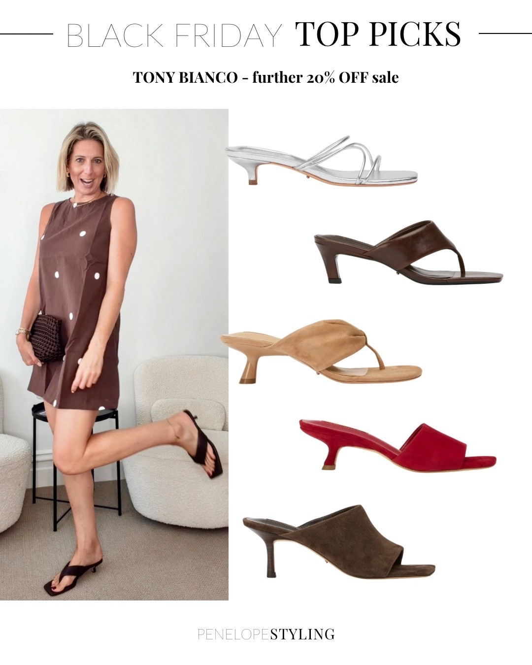 SEVEN days of sale tips and my top 5 picks! Tony Bianco has a further 20% off sale items… the perfect time to grab a pair of Summer heels. 

Love the choc thongs, tan suede style, add a pop of red or some fun metallic!

#blackfriday #sale #onsale #heels #shoes #summerheels #summerstyle

#LTKsale #LTKsummer #LTKshoes