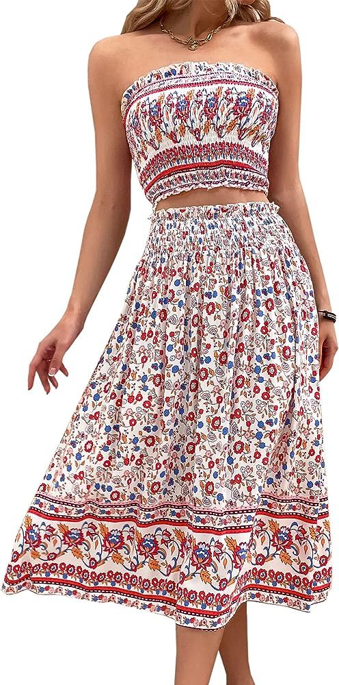 Angashion Women's Floral Crop Top Maxi Skirts Set 2 Piece Outfit Dress | Amazon (US)
