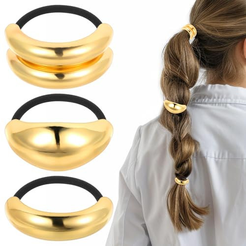 PEOVLVN 3 Pcs Hair Cuffs for Ponytails, Gold Hair Ties Fashion Glossy Gold Hair Cuffs Metal Hair Tie Ponytail Cuff Elastic Hair Ties for Women Long Hair Ponytail Holder Hair Accessories | Amazon (UK)