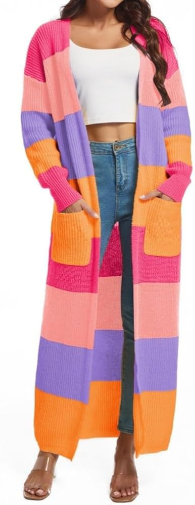 Nimsruc Long Cardigan Sweaters for Women Patchwork Open Front Knit Sweater | Amazon (US)