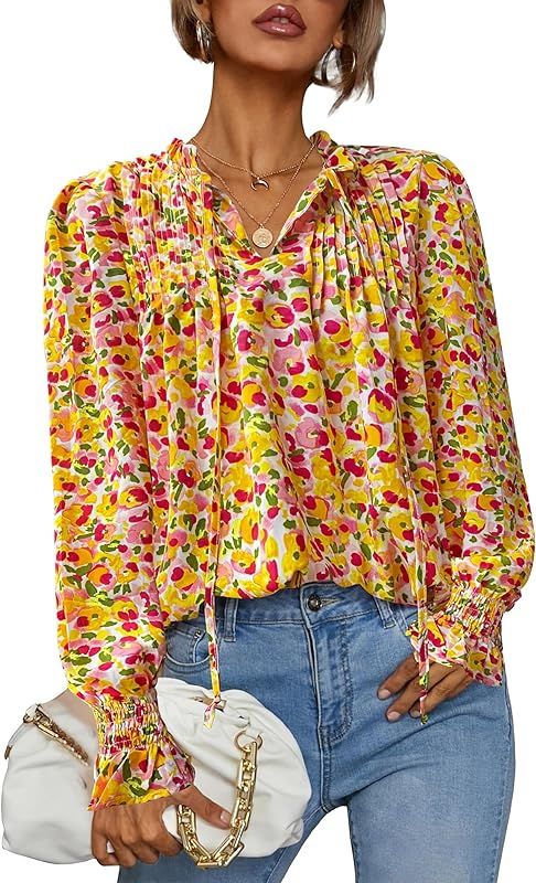 Womens Long Sleeve Tops Boho Floral Printed Blouses Casual V Neck Pleated Drawstring Shirts | Amazon (US)