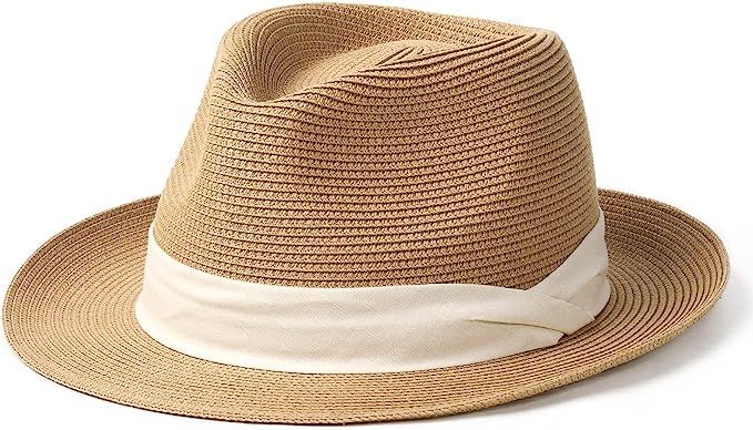 Straw Fedora Sun Hats for Women Men Summer Sun Beach Hat Packable Short Brim Roll Up Straw Panama... | Amazon (US)