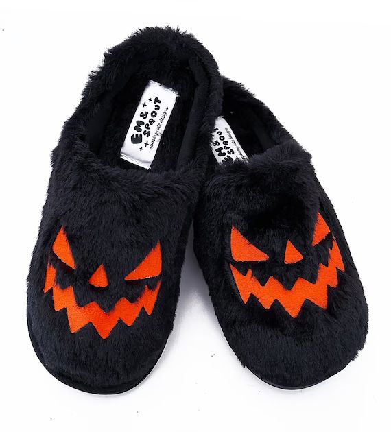 Halloween Fuzzy House Slippers - Jack O Lantern Pumpkin Shoes -CLOSED TOE | Etsy (US)