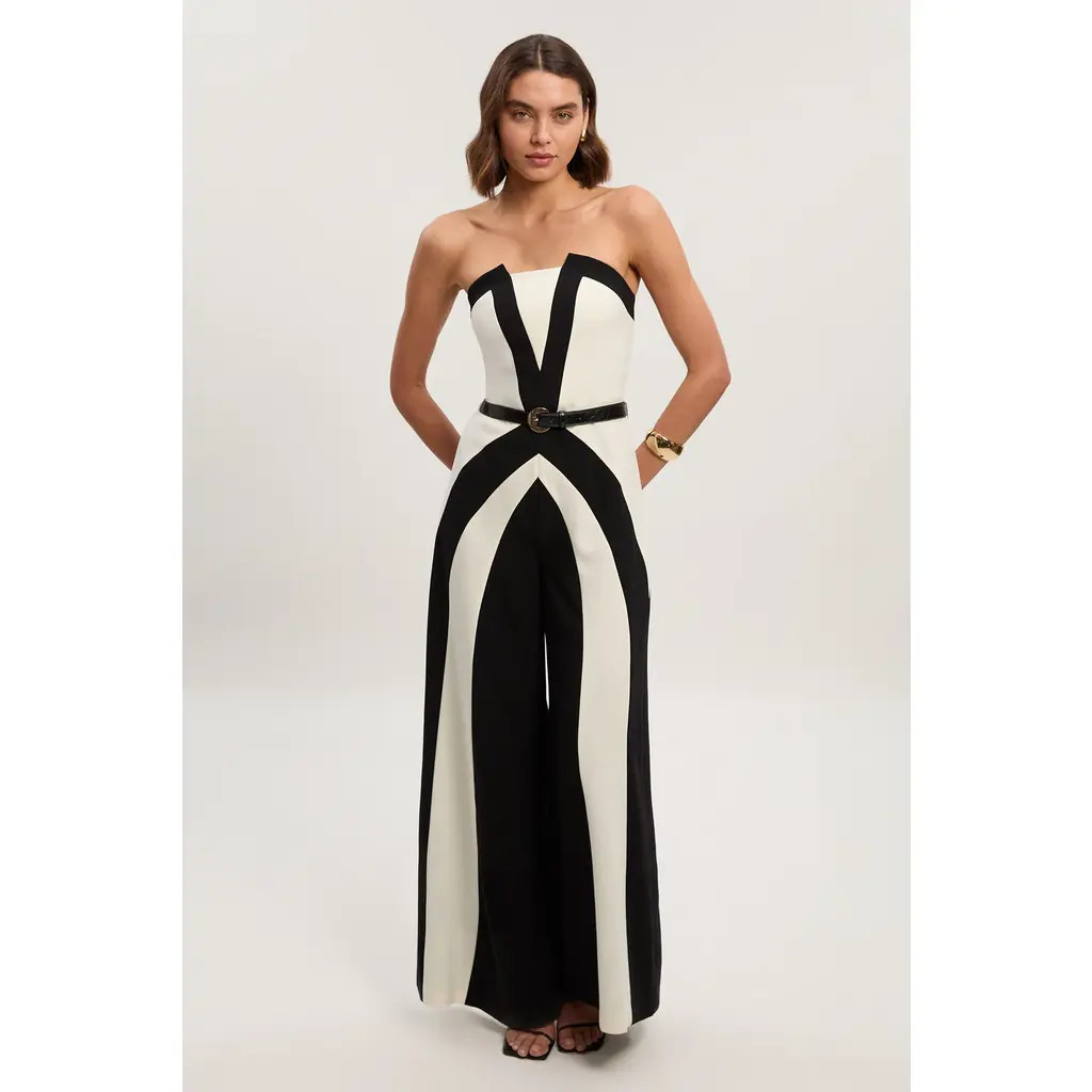 Karen Millen Colour Block Bandeau Jumpsuit in Mono at Nordstrom, Size 4 | Nordstrom