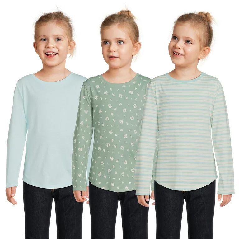 Wonder Nation Girls Long Sleeve Solid, Print, Graphic Tees, 3-Pack, Sizes 4-18 & Plus | Walmart (US)