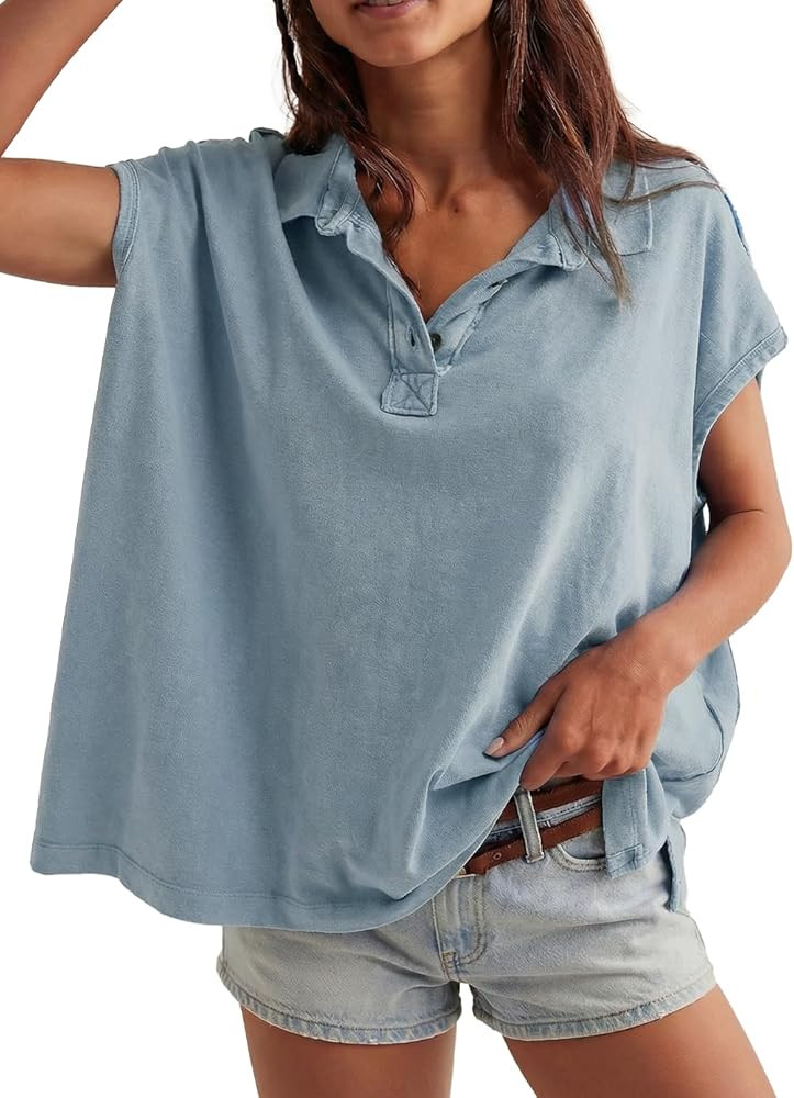 Oversized Polo Shirt for Women Casual Summer Tee Tops Cap Sleeve Collared Cotton Shirts | Amazon (US)