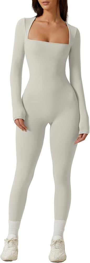 QINSEN Womens Sexy Square Neck Long Sleeve Full Length Leggings Bodycon Stretch Jumpsuit | Amazon (US)