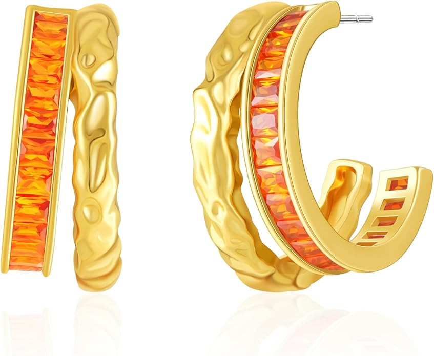 Double Hoop Earrings for Women Trendy, Hammered 18K Gold Plated Hypoallergenic Green Black Orange... | Amazon (US)