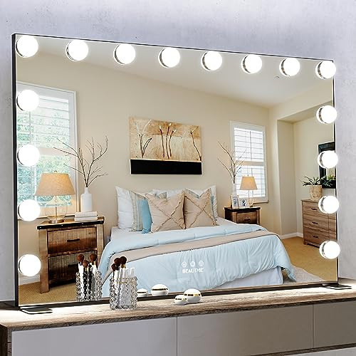 BEAUTME Large Vanity Mirror with Lights, 35.9''×24.3'' Hollywood Makeup Mirror with 16 Dimming LED Bulbs, 3 Lighting Modes, Touch Control, Tabletop or Wall Mounted, Black | Amazon (US)