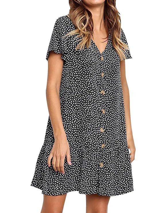 LANREMON Women's Dresses Casual Polka Dot V-Neck Button Down Short Sleeve Ruffles Loose Fit Mini ... | Amazon (US)