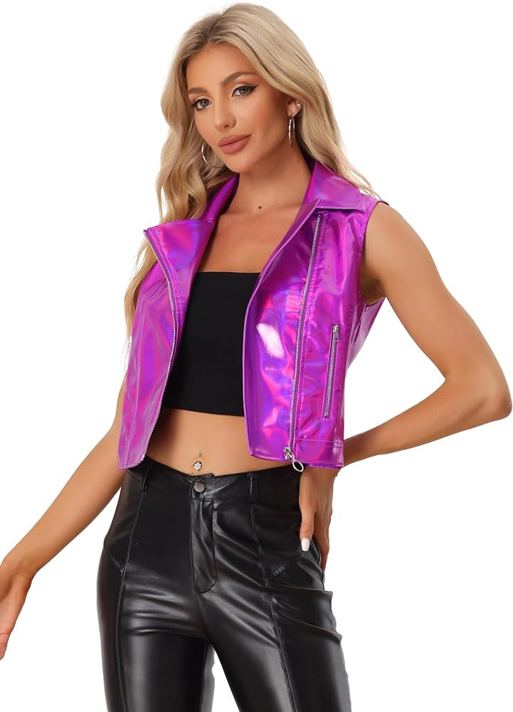 Allegra K Women's Metallic Vest Party Faux Leather Lapel Collar Zip Cropped Sleeveless Holographi... | Amazon (US)