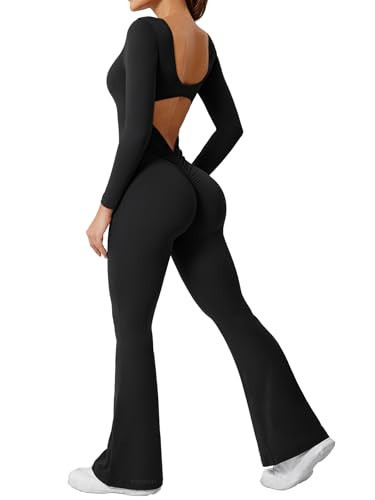 YEOREO One Piece Wide Leg Jumpsuits for Women Workout Long Sleeve Backless Flare Jumpsuit Lizvette Scrunch V Back Yoga Romper Black S | Amazon (US)