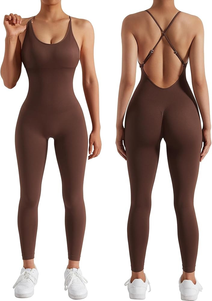RXRXCOCO Women's Backless One Piece Jumpsuits Yoga Bodycon Jumpsuits Sleeveless Athletic Workout ... | Amazon (US)