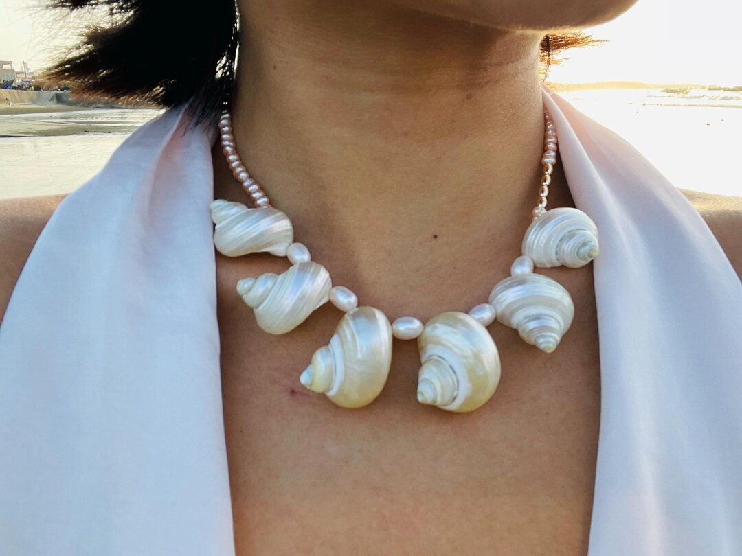 Ocean Pearl Dream | Natural Freshwater Pearl Necklace with Fluorescent Conch Shell,Intricate Hand... | Etsy (US)