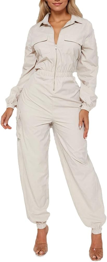 WOKANSE Utility Jumpsuit Women Casual Long Sleeve Zipper Up Elastic Waist Cargo Jumpsuit With Poc... | Amazon (US)