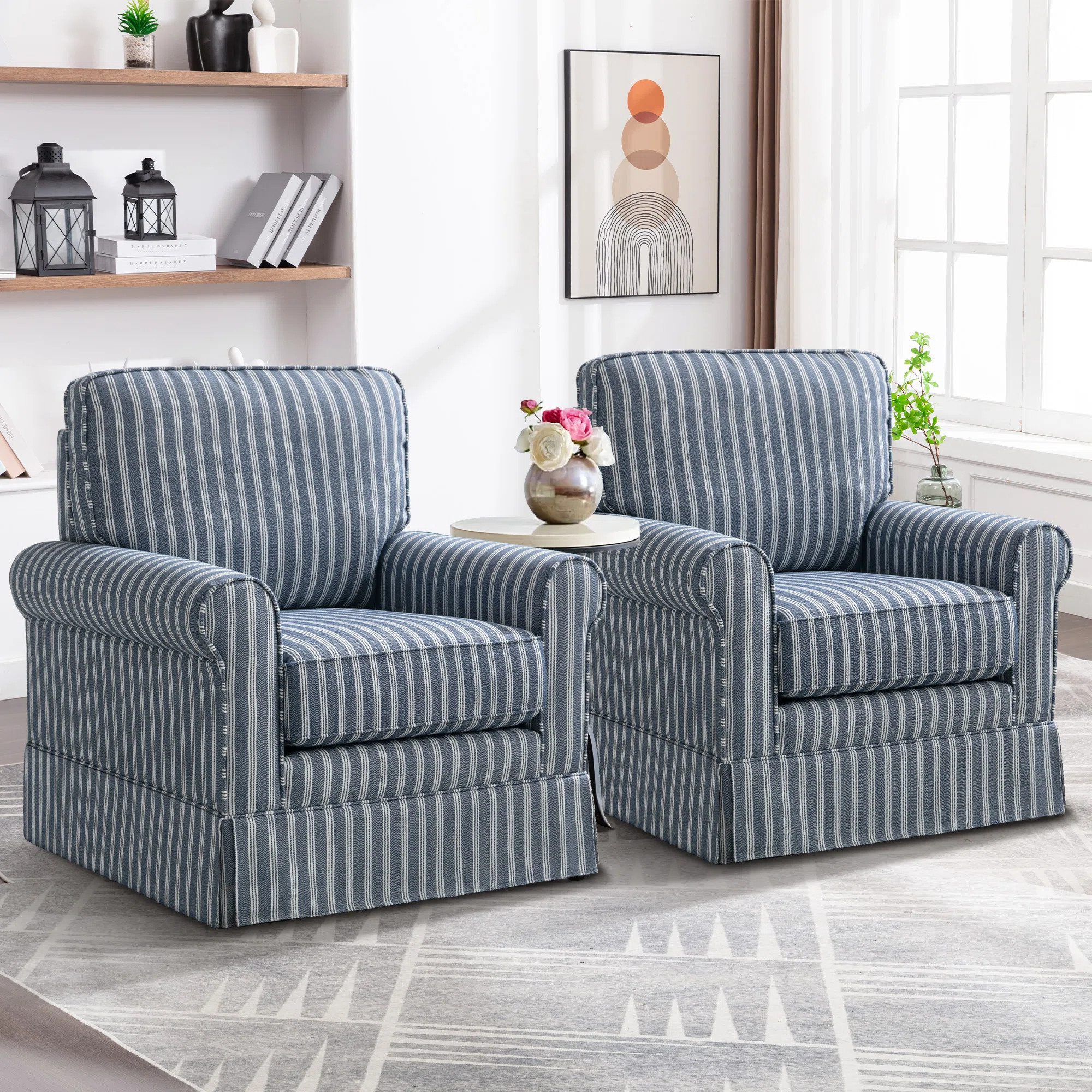 Eilzabeth 33" W Modern Soft Wide Upholstered Striped Swivel Arm Accent Chair | Wayfair North America